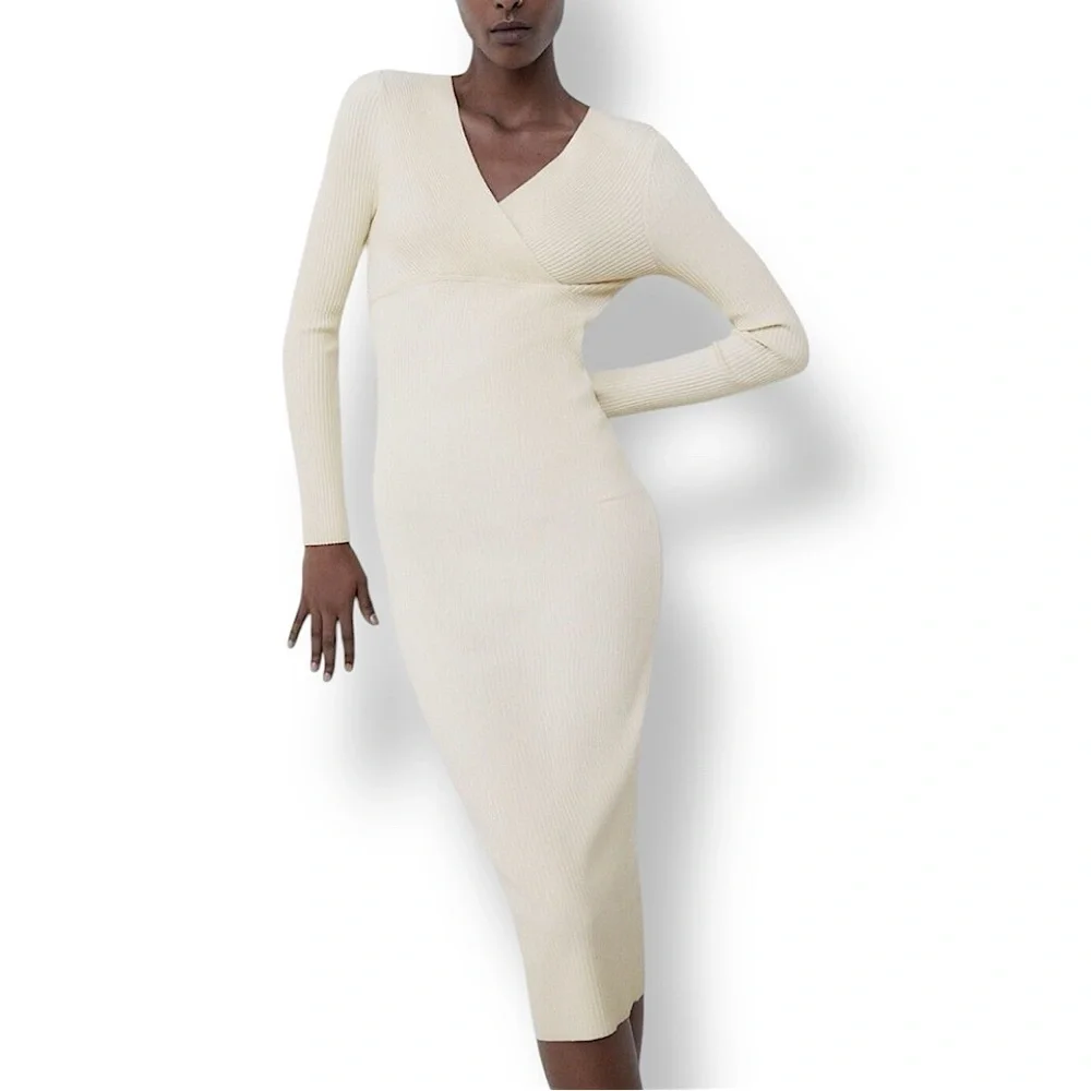 zara midi dress bodycon Zara Black Knit Long Sleeve Midi Bodycon Dress with Slit, Crew Neck, XL